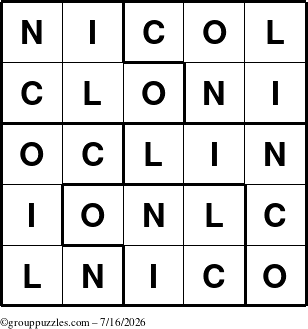 The grouppuzzles.com Answer grid for the Nicol puzzle for Thursday July 16, 2026