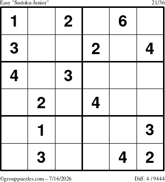 The grouppuzzles.com Easy Sudoku-Junior puzzle for Thursday July 16, 2026