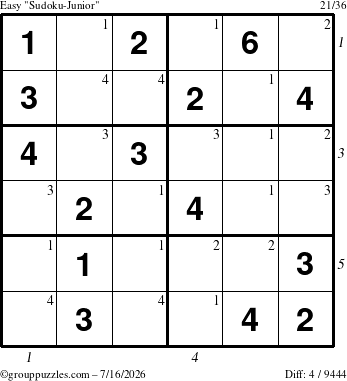 The grouppuzzles.com Easy Sudoku-Junior puzzle for Thursday July 16, 2026 with all 4 steps marked
