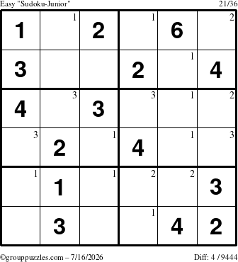 The grouppuzzles.com Easy Sudoku-Junior puzzle for Thursday July 16, 2026 with the first 3 steps marked
