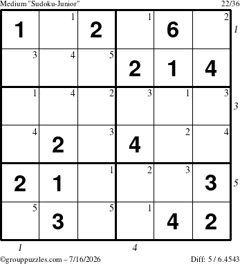 The grouppuzzles.com Medium Sudoku-Junior puzzle for Thursday July 16, 2026 with all 5 steps marked