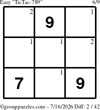 The grouppuzzles.com Easy TicTac-789 puzzle for Thursday July 16, 2026 with the first 2 steps marked
