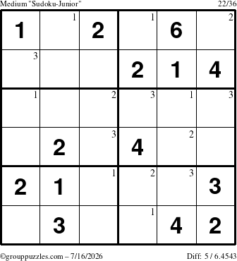 The grouppuzzles.com Medium Sudoku-Junior puzzle for Thursday July 16, 2026 with the first 3 steps marked