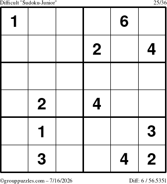 The grouppuzzles.com Difficult Sudoku-Junior puzzle for Thursday July 16, 2026