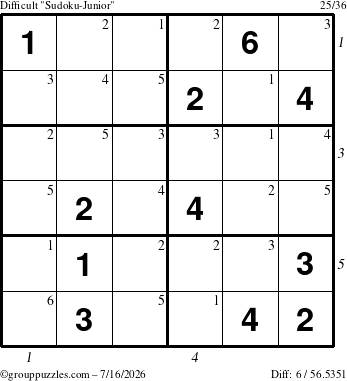 The grouppuzzles.com Difficult Sudoku-Junior puzzle for Thursday July 16, 2026 with all 6 steps marked