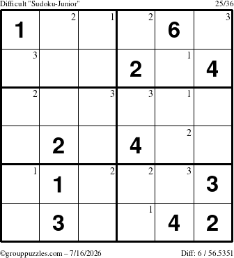 The grouppuzzles.com Difficult Sudoku-Junior puzzle for Thursday July 16, 2026 with the first 3 steps marked