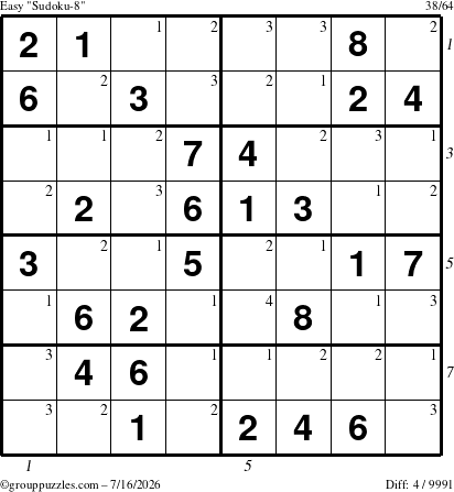 The grouppuzzles.com Easy Sudoku-8 puzzle for Thursday July 16, 2026 with all 4 steps marked