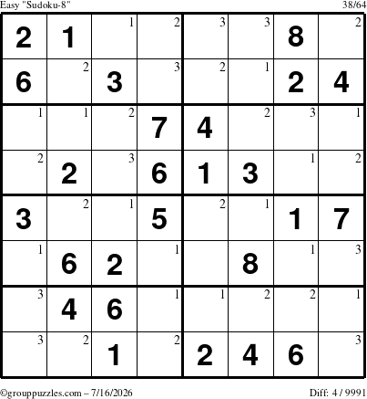 The grouppuzzles.com Easy Sudoku-8 puzzle for Thursday July 16, 2026 with the first 3 steps marked
