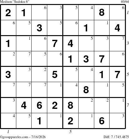 The grouppuzzles.com Medium Sudoku-8 puzzle for Thursday July 16, 2026 with all 7 steps marked
