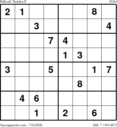 The grouppuzzles.com Difficult Sudoku-8 puzzle for Thursday July 16, 2026