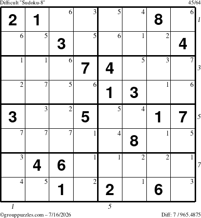 The grouppuzzles.com Difficult Sudoku-8 puzzle for Thursday July 16, 2026, suitable for printing, with all 7 steps marked