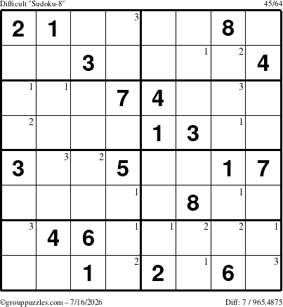The grouppuzzles.com Difficult Sudoku-8 puzzle for Thursday July 16, 2026 with the first 3 steps marked