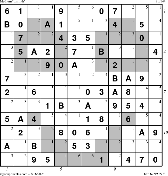 The grouppuzzles.com Medium tpsmith puzzle for Thursday July 16, 2026, suitable for printing, with all 6 steps marked