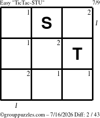 The grouppuzzles.com Easy TicTac-STU puzzle for Thursday July 16, 2026, suitable for printing, with all 2 steps marked