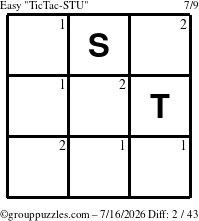 The grouppuzzles.com Easy TicTac-STU puzzle for Thursday July 16, 2026 with the first 2 steps marked