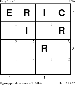 The grouppuzzles.com Easy Eric puzzle for Wednesday February 11, 2026 with all 3 steps marked