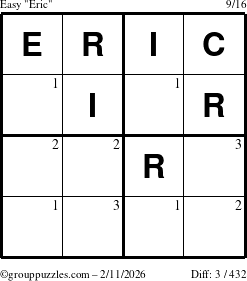 The grouppuzzles.com Easy Eric puzzle for Wednesday February 11, 2026 with the first 3 steps marked