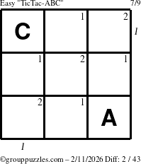 The grouppuzzles.com Easy TicTac-ABC puzzle for Wednesday February 11, 2026 with all 2 steps marked
