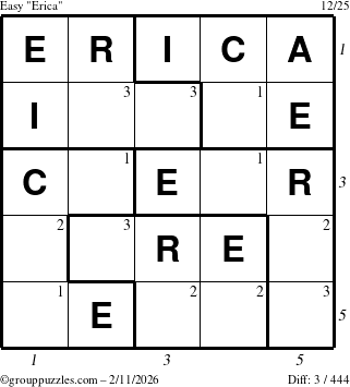 The grouppuzzles.com Easy Erica puzzle for Wednesday February 11, 2026, suitable for printing, with all 3 steps marked