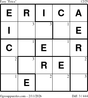 The grouppuzzles.com Easy Erica puzzle for Wednesday February 11, 2026 with the first 3 steps marked