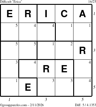 The grouppuzzles.com Difficult Erica puzzle for Wednesday February 11, 2026 with all 5 steps marked
