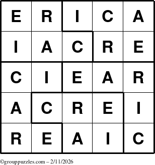 The grouppuzzles.com Answer grid for the Erica puzzle for Wednesday February 11, 2026