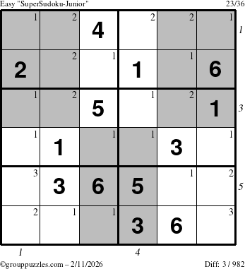 The grouppuzzles.com Easy SuperSudoku-Junior puzzle for Wednesday February 11, 2026 with all 3 steps marked