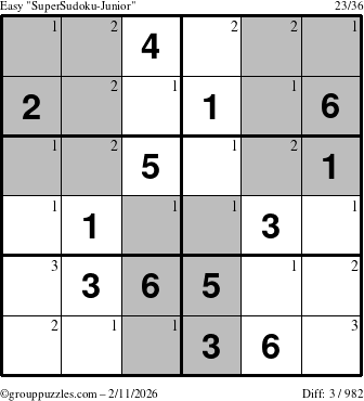 The grouppuzzles.com Easy SuperSudoku-Junior puzzle for Wednesday February 11, 2026 with the first 3 steps marked