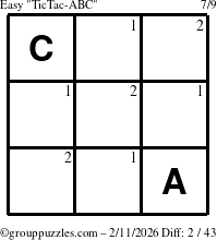 The grouppuzzles.com Easy TicTac-ABC puzzle for Wednesday February 11, 2026 with the first 2 steps marked