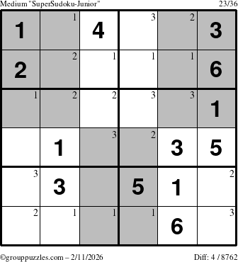 The grouppuzzles.com Medium SuperSudoku-Junior puzzle for Wednesday February 11, 2026 with the first 3 steps marked