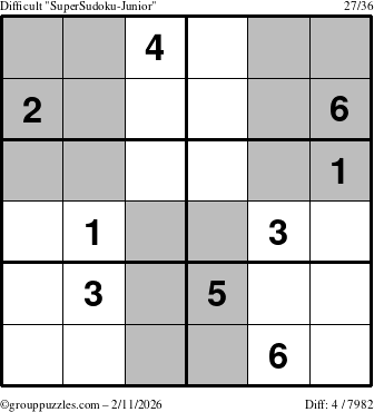 The grouppuzzles.com Difficult SuperSudoku-Junior puzzle for Wednesday February 11, 2026