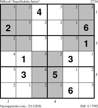 The grouppuzzles.com Difficult SuperSudoku-Junior puzzle for Wednesday February 11, 2026 with all 4 steps marked