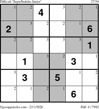 The grouppuzzles.com Difficult SuperSudoku-Junior puzzle for Wednesday February 11, 2026 with the first 3 steps marked
