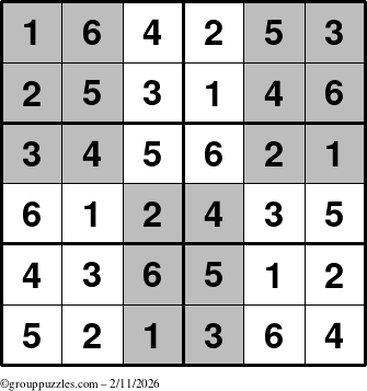 The grouppuzzles.com Answer grid for the SuperSudoku-Junior puzzle for Wednesday February 11, 2026