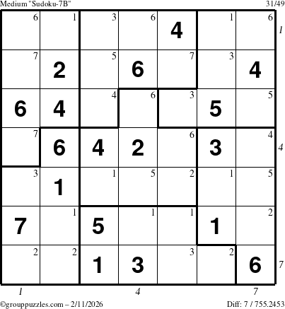 The grouppuzzles.com Medium Sudoku-7B puzzle for Wednesday February 11, 2026, suitable for printing, with all 7 steps marked