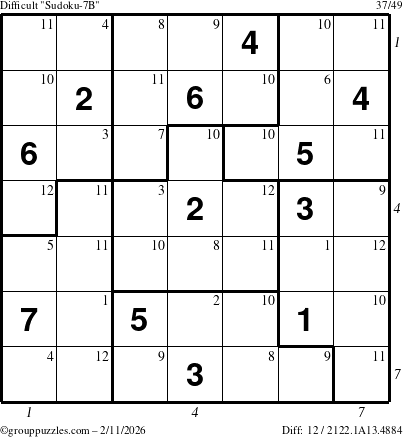 The grouppuzzles.com Difficult Sudoku-7B puzzle for Wednesday February 11, 2026, suitable for printing, with all 12 steps marked
