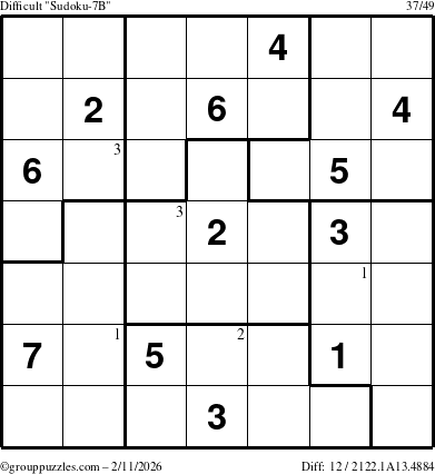 The grouppuzzles.com Difficult Sudoku-7B puzzle for Wednesday February 11, 2026 with the first 3 steps marked