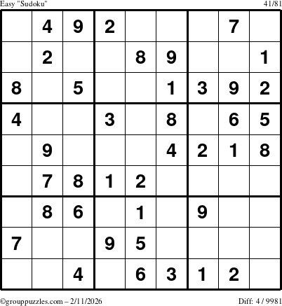 The grouppuzzles.com Easy Sudoku puzzle for Wednesday February 11, 2026