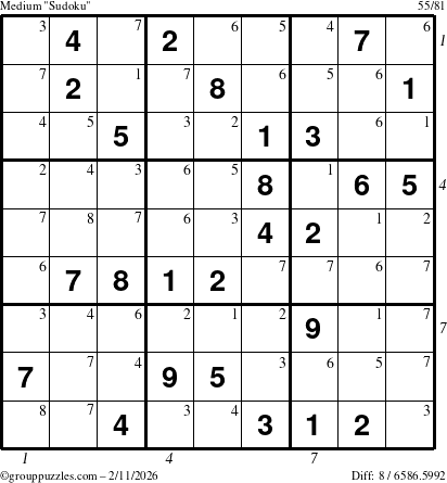 The grouppuzzles.com Medium Sudoku puzzle for Wednesday February 11, 2026 with all 8 steps marked