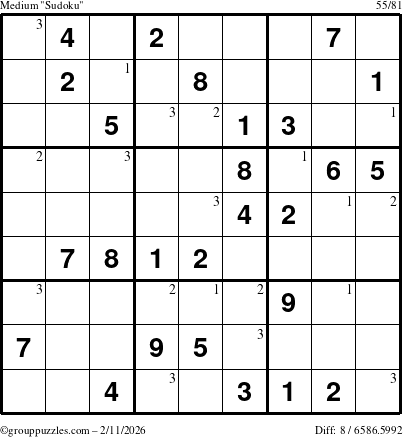 The grouppuzzles.com Medium Sudoku puzzle for Wednesday February 11, 2026 with the first 3 steps marked