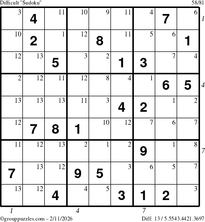 The grouppuzzles.com Difficult Sudoku puzzle for Wednesday February 11, 2026 with all 13 steps marked