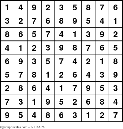 The grouppuzzles.com Answer grid for the Sudoku puzzle for Wednesday February 11, 2026