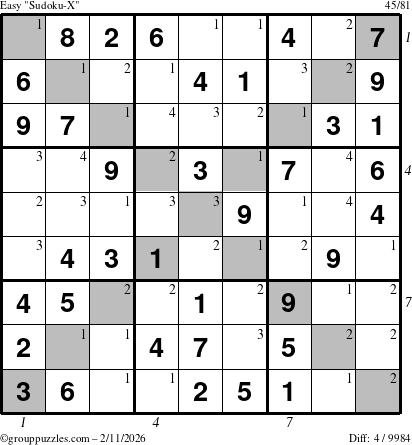 The grouppuzzles.com Easy Sudoku-X puzzle for Wednesday February 11, 2026 with all 4 steps marked