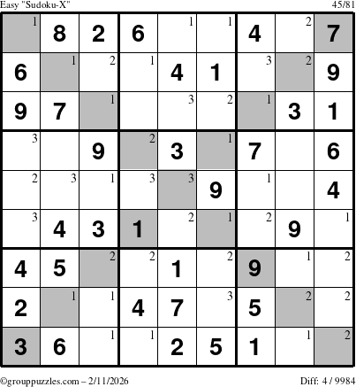 The grouppuzzles.com Easy Sudoku-X puzzle for Wednesday February 11, 2026 with the first 3 steps marked