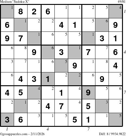 The grouppuzzles.com Medium Sudoku-X puzzle for Wednesday February 11, 2026 with all 8 steps marked