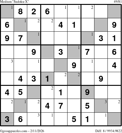 The grouppuzzles.com Medium Sudoku-X puzzle for Wednesday February 11, 2026 with the first 3 steps marked