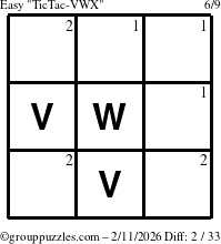 The grouppuzzles.com Easy TicTac-VWX puzzle for Wednesday February 11, 2026 with the first 2 steps marked