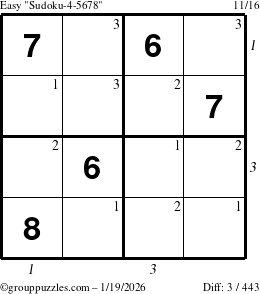 The grouppuzzles.com Easy Sudoku-4-5678 puzzle for Monday January 19, 2026 with all 3 steps marked