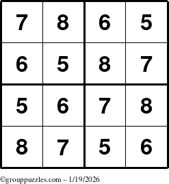 The grouppuzzles.com Answer grid for the Sudoku-4-5678 puzzle for Monday January 19, 2026