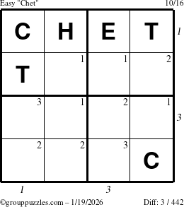 The grouppuzzles.com Easy Chet puzzle for Monday January 19, 2026, suitable for printing, with all 3 steps marked